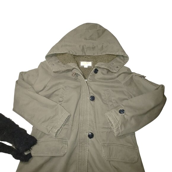 Michael Kors Hooded Parka Coat Size Large Olive Faux Fur Trim Sherpa Lining - Picture 4 of 14